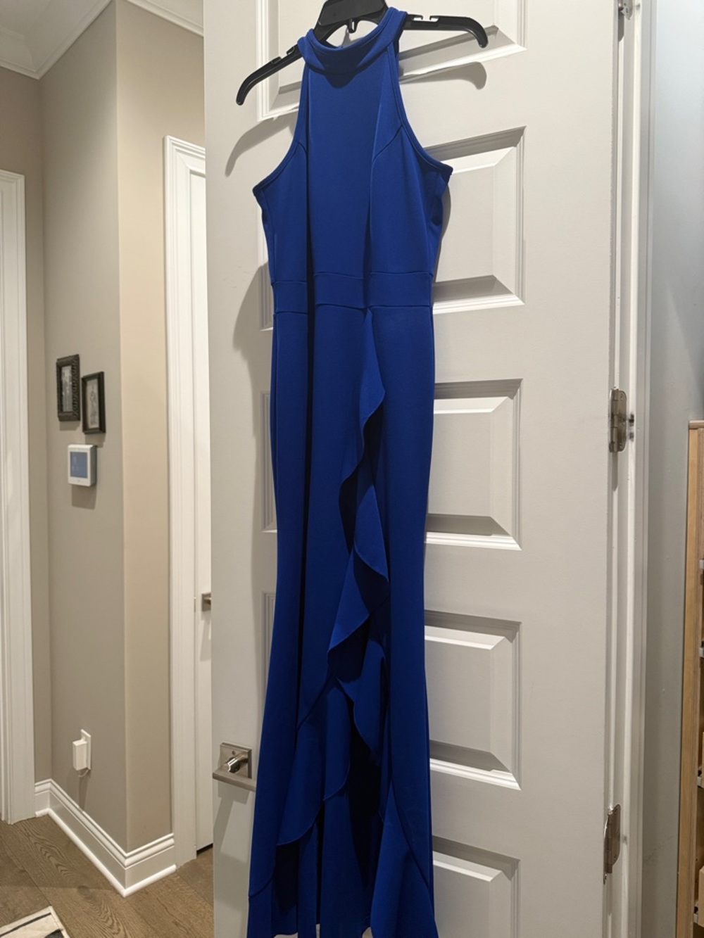 Royal Blue Ruffle-Front Halter Evening Dress